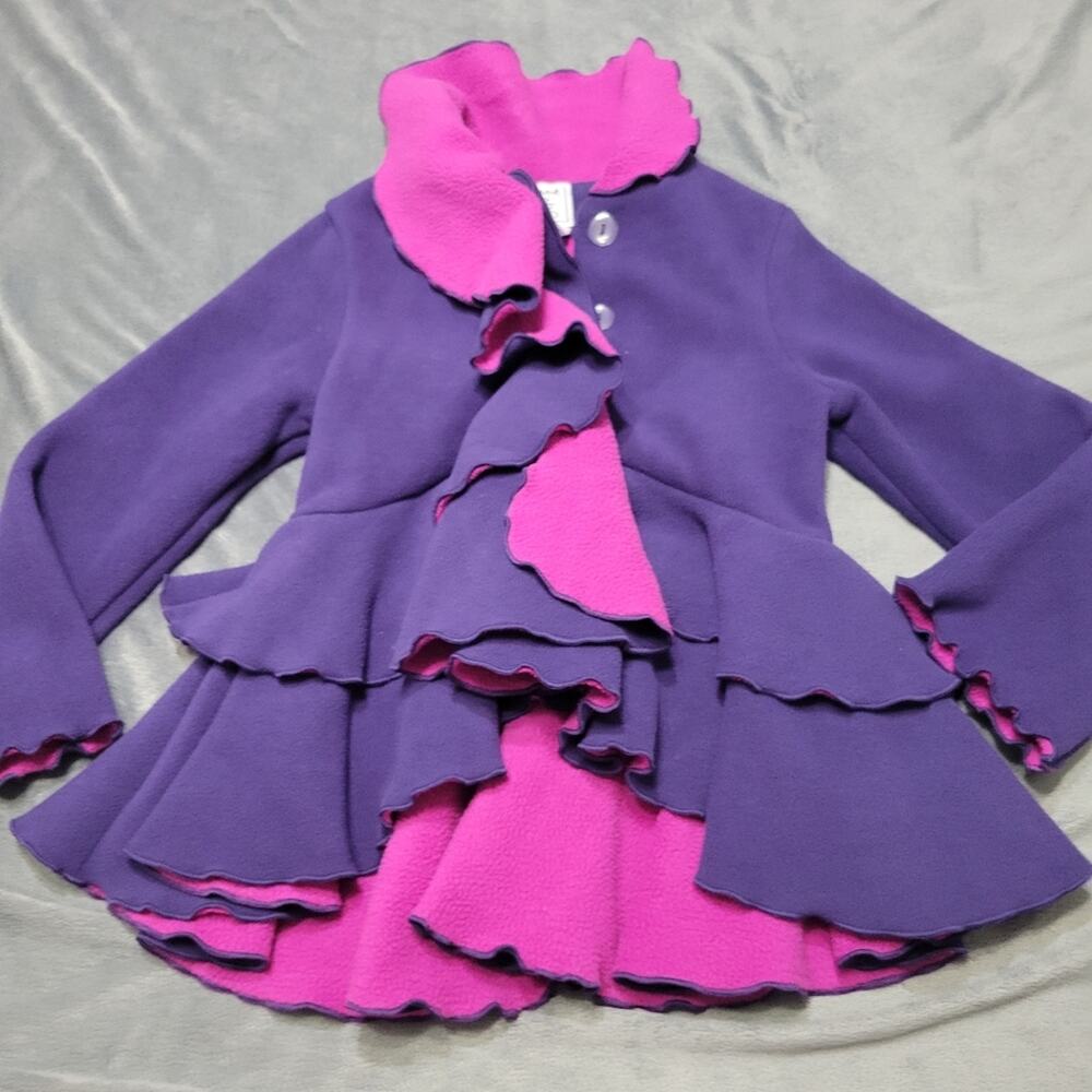Mack & Co Jacket Girls Size 3t Pink Purple Ruffle Fleece Button Front Layer Long